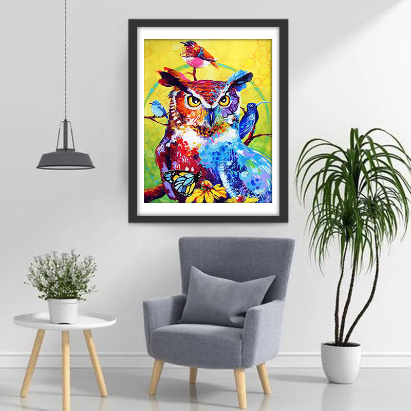 Hibou Coloré et Oiseaux Broderie Diamant