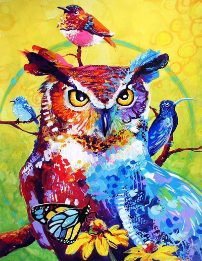Hibou Coloré et Oiseaux Broderie Diamant