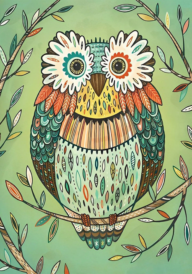 Hibou de Fleurs et Feuilles Broderie Diamant