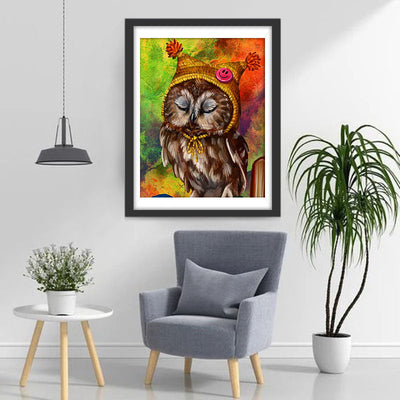 Hibou en Bonnet Jaune Broderie Diamant