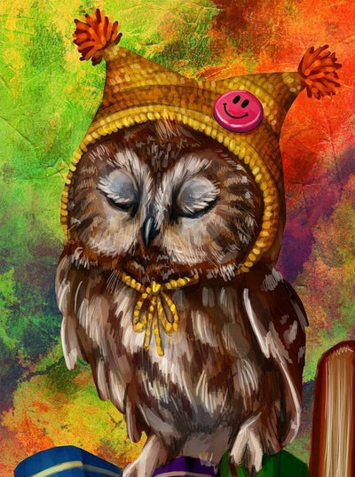 Hibou en Bonnet Jaune Broderie Diamant