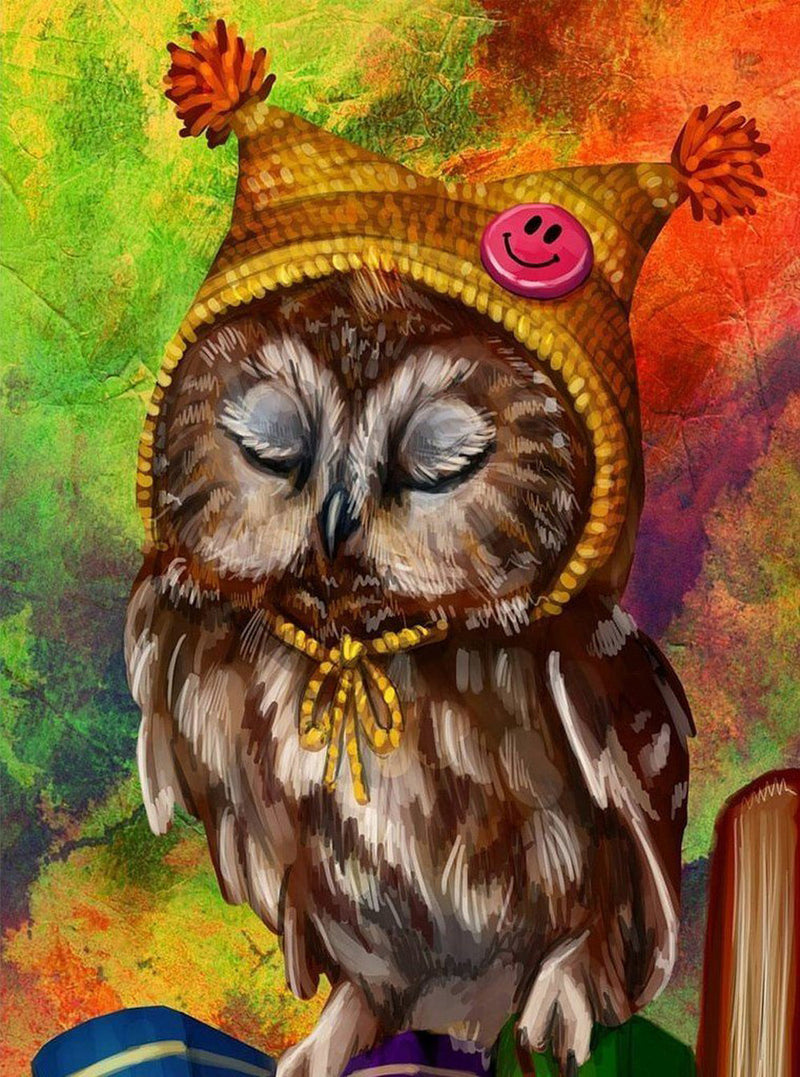 Hibou en Bonnet Jaune Broderie Diamant