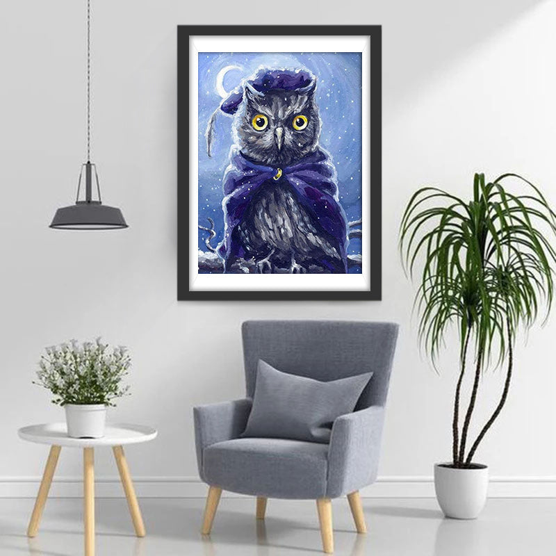 Hibou en Bonnet Violet Broderie Diamant