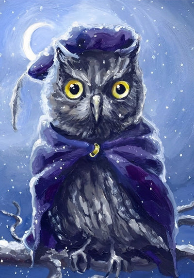 Hibou en Bonnet Violet Broderie Diamant