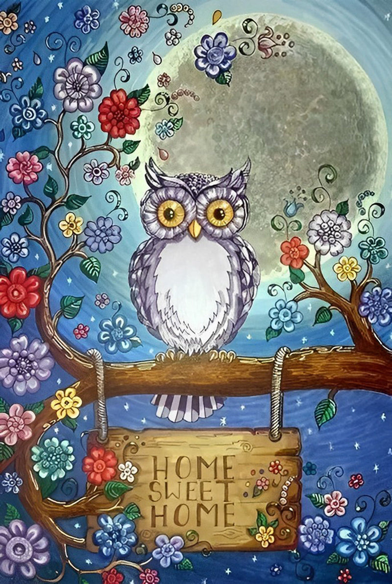 Hibou et les Fleurs Broderie Diamant