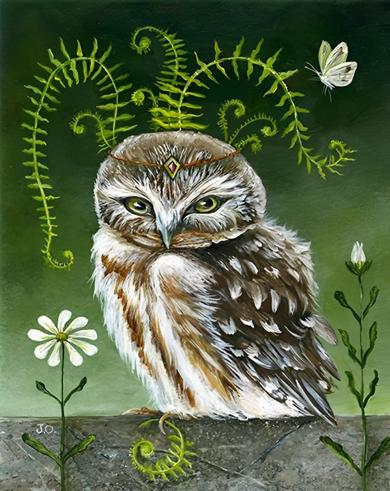 Hibou et Marguerute Blanc Broderie Diamant