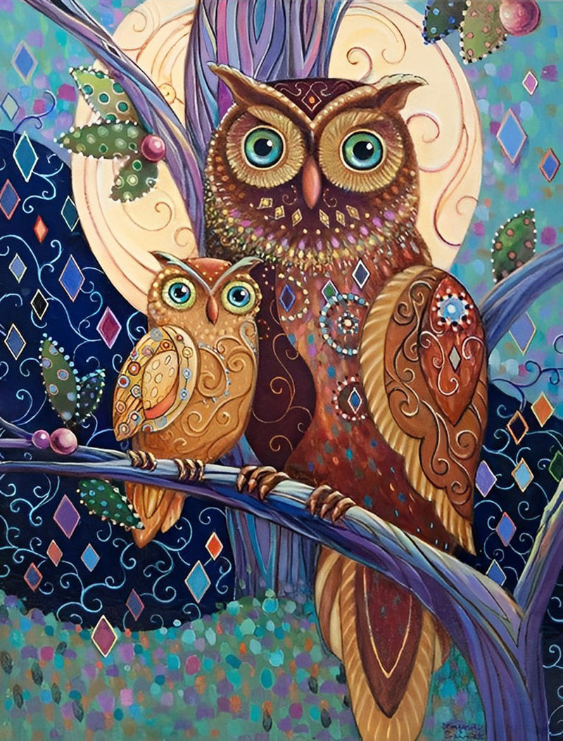 Hibou et Son Bébé Dessinés Broderie Diamant