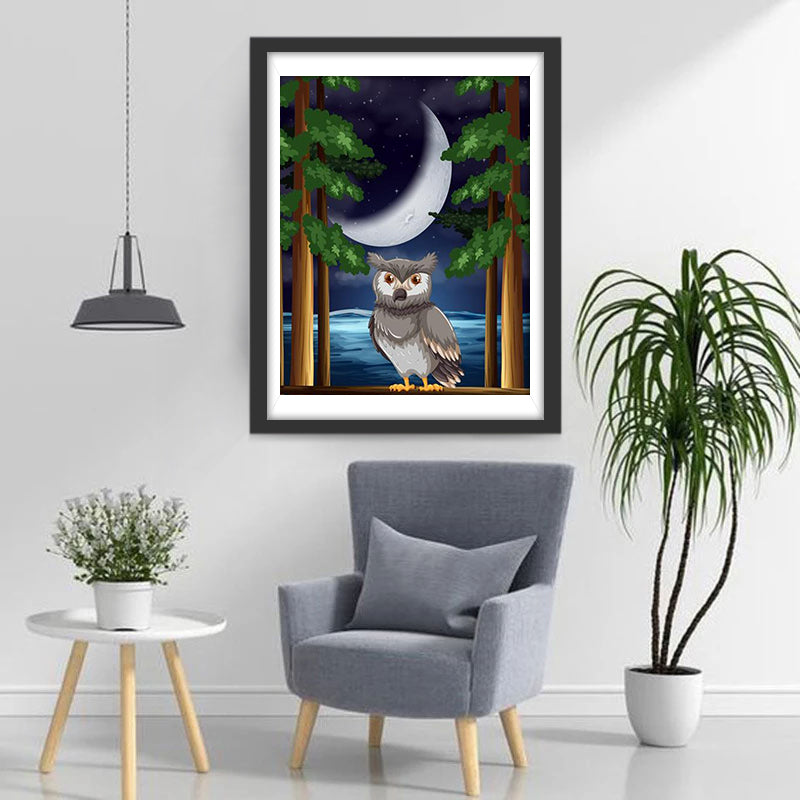 Hibou Gris dans la Nuit Broderie Diamant