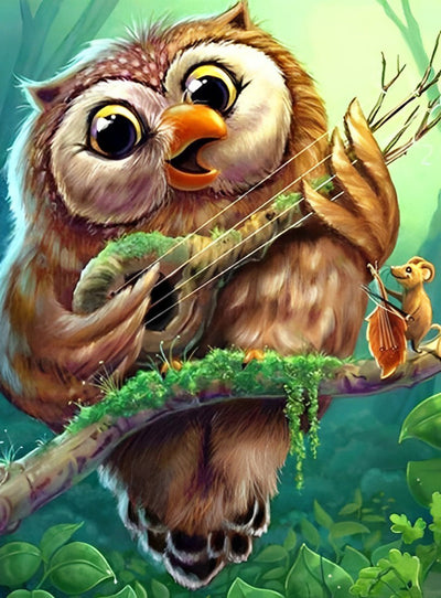 Hibou Jouant de la Guitare Broderie Diamant