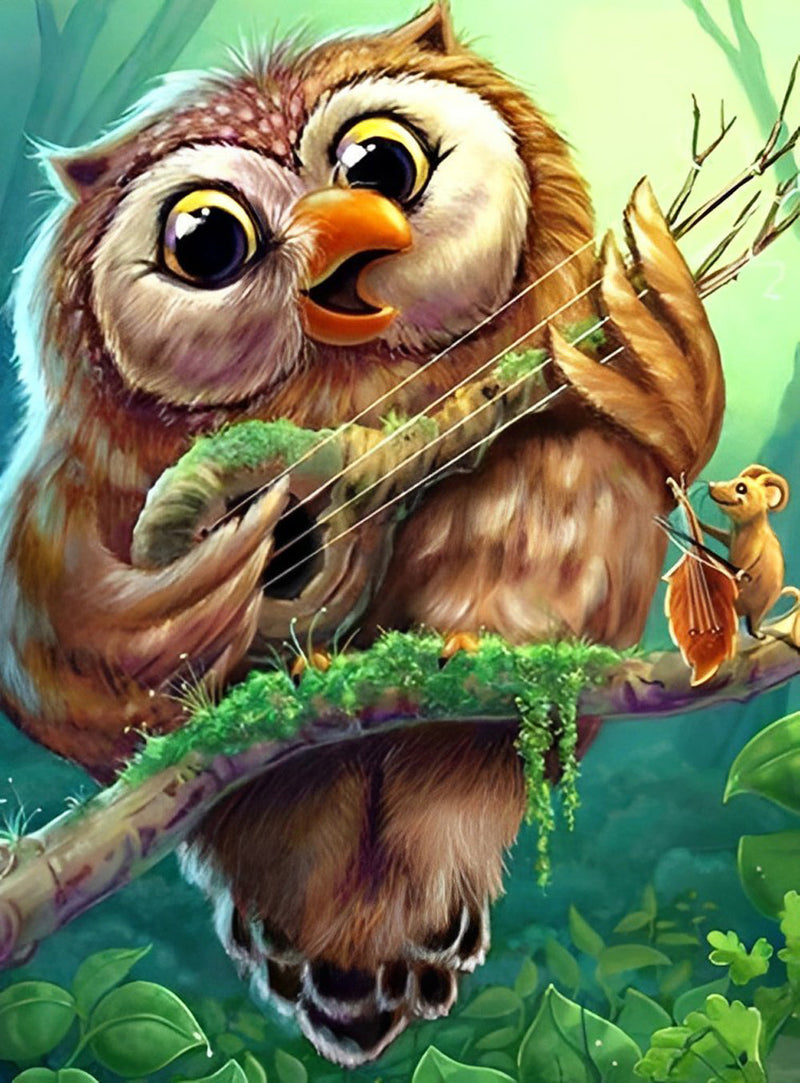 Hibou Jouant de la Guitare Broderie Diamant