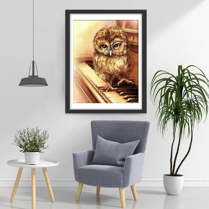 Hibou Jouant du Piano Broderie Diamant