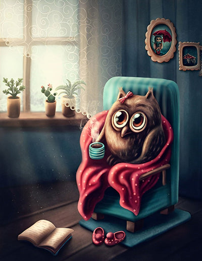 Hibou Niché sur un Canapé Broderie Diamant