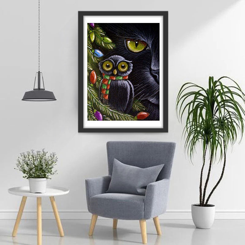 Hibou Noir Sot et Chat Noir Broderie Diamant