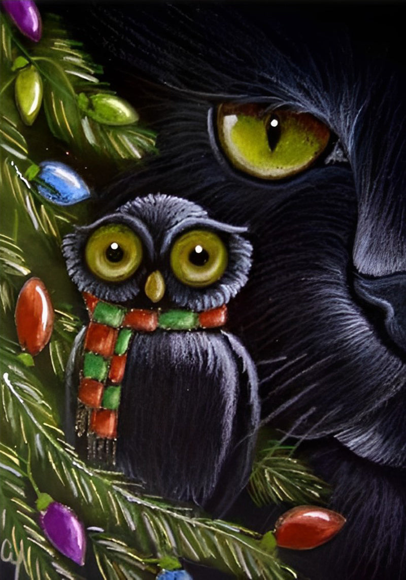 Hibou Noir Sot et Chat Noir Broderie Diamant