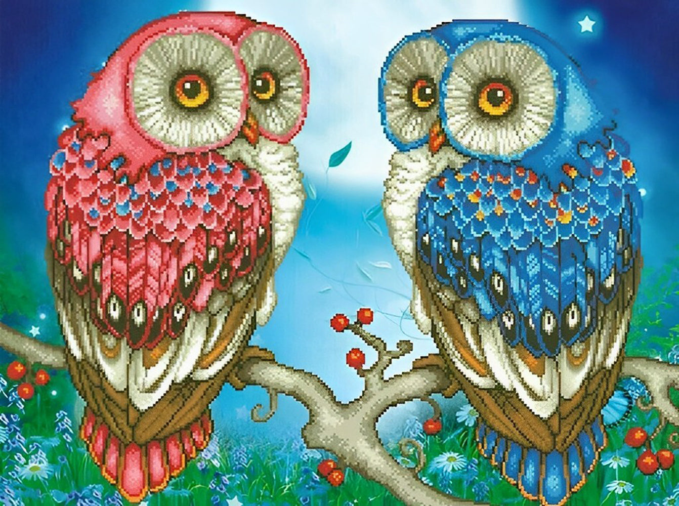 Hibou Rose et Hibou Bleu Broderie Diamant