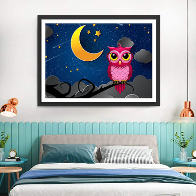 Hibou Rose et la Lune dans la Nuit Etoilée Broderie Diamant