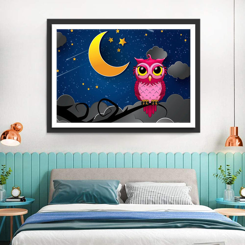 Hibou Rose et la Lune dans la Nuit Etoilée Broderie Diamant
