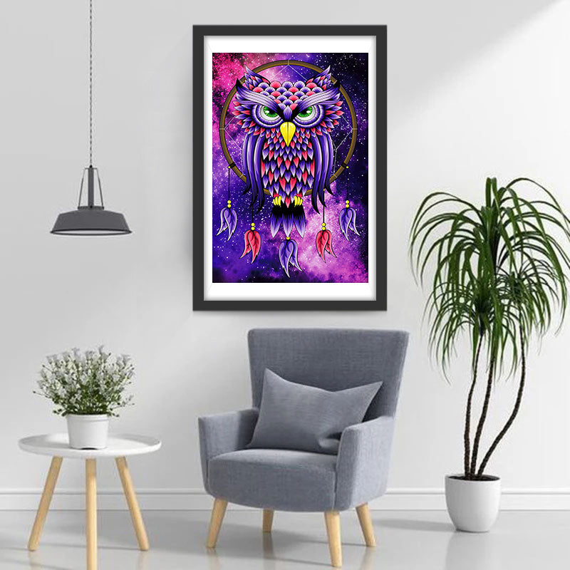 Hibou Violet et Rouge sur Captuer de Rêves Broderie Diamant