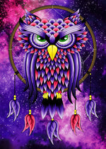 Hibou Violet et Rouge sur Captuer de Rêves Broderie Diamant