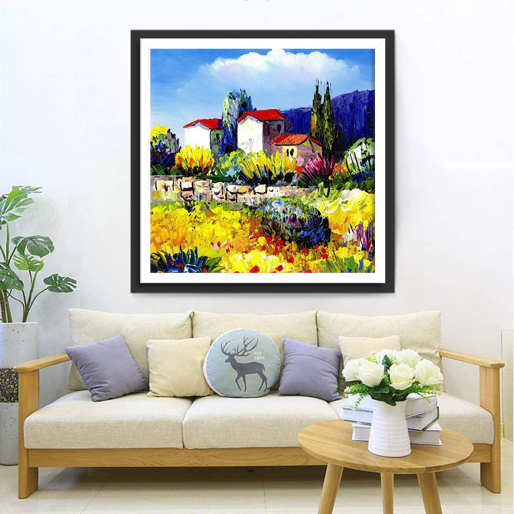 Immeubles Rouges et Plantes Broderie Diamant