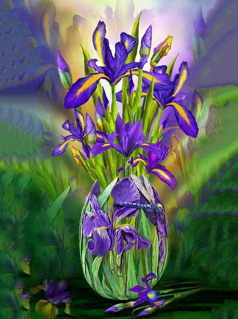 Iris Pourpres dans le Vase de Verre Broderie Diamant