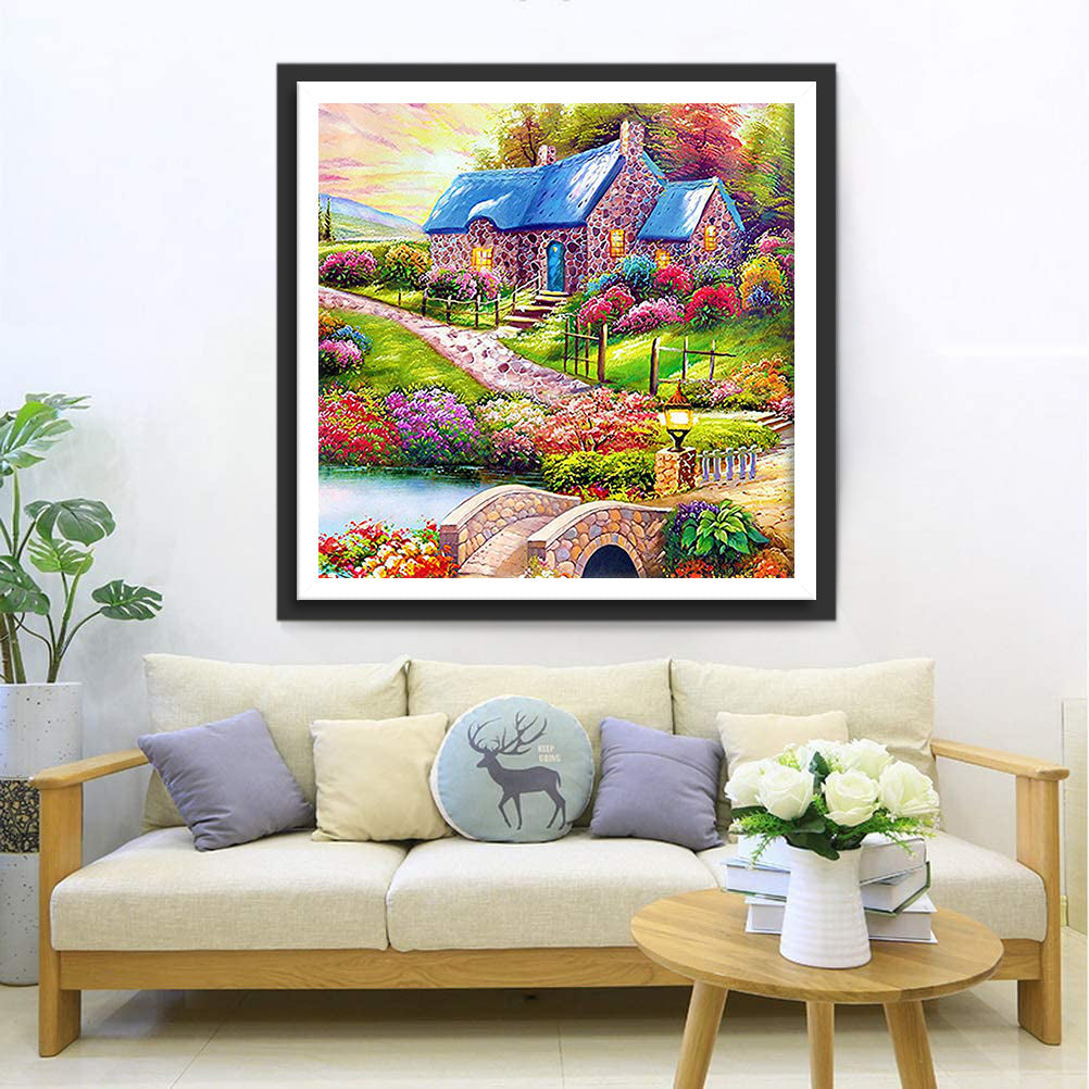 Jardin avec une Maison au Toit Bleu Broderie Diamant