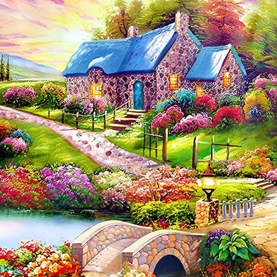 Jardin avec une Maison au Toit Bleu Broderie Diamant