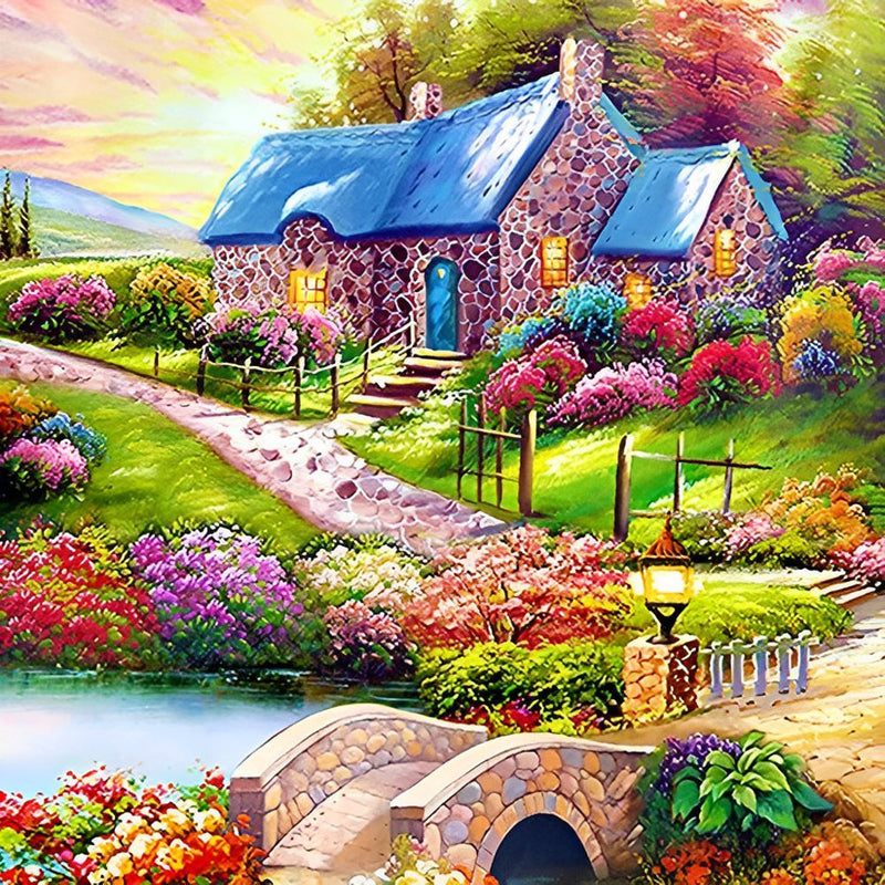 Jardin avec une Maison au Toit Bleu Broderie Diamant