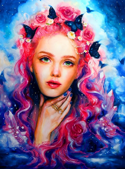 Jeune Fille aux Cheveux Roses Broderie Diamant
