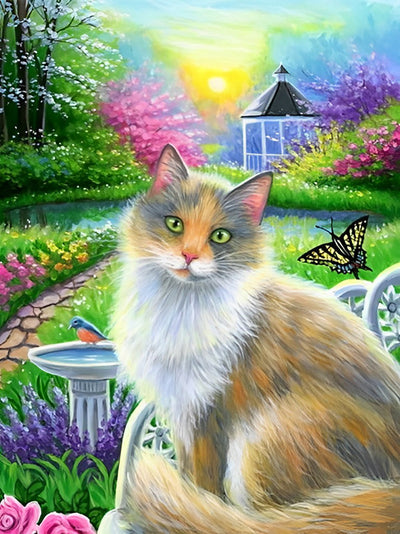 Joli Chat dans un Jardin Coloré Broderie Diamant