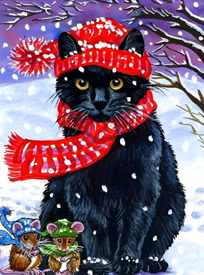 Joli Chat Noir avec une Echarpe Rouge Broderie Diamant