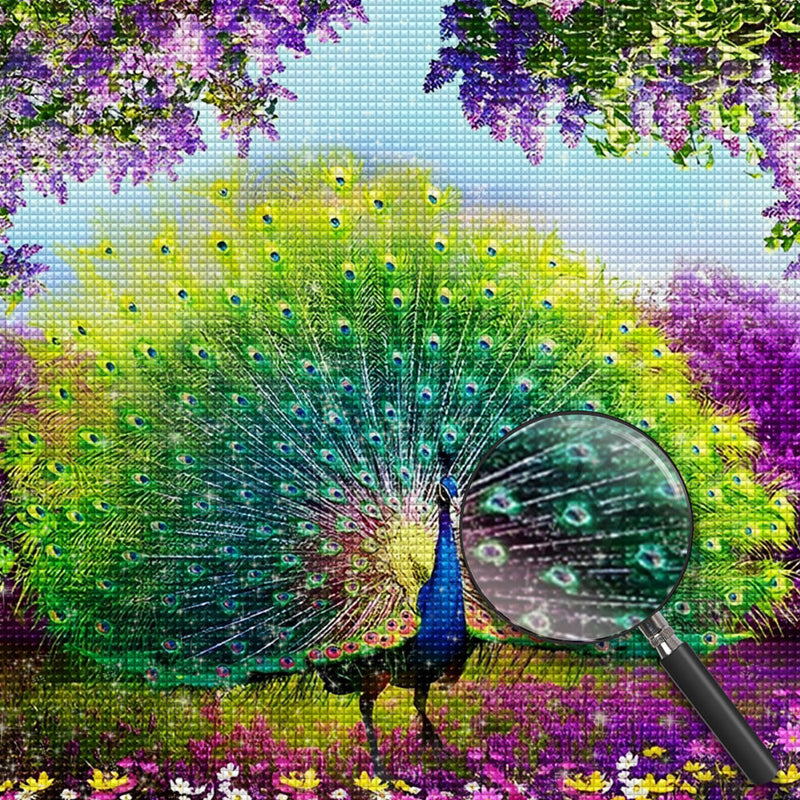 Joli Paon Faisant la Roue et des Fleurs Broderie Diamant