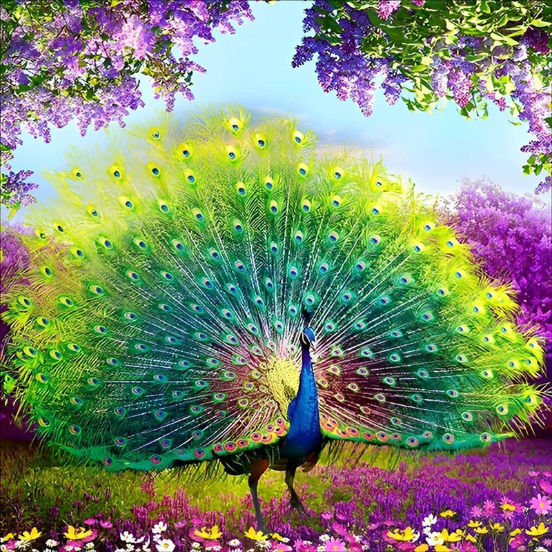 Joli Paon Faisant la Roue et des Fleurs Broderie Diamant
