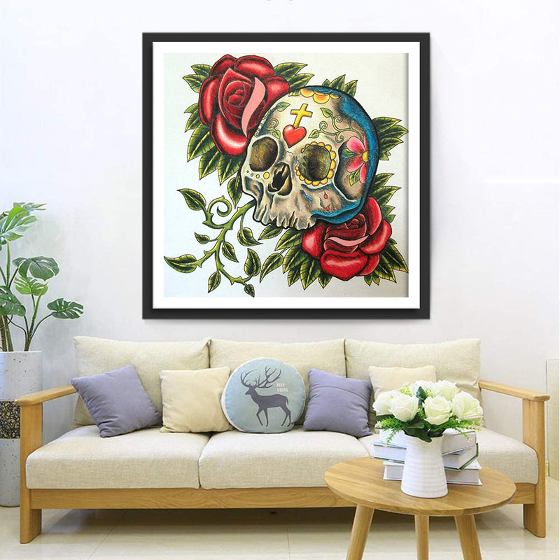 La Moitié de Crâne et Rose Rouge Broderie Diamant