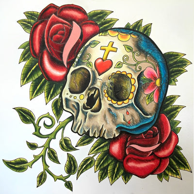 La Moitié de Crâne et Rose Rouge Broderie Diamant