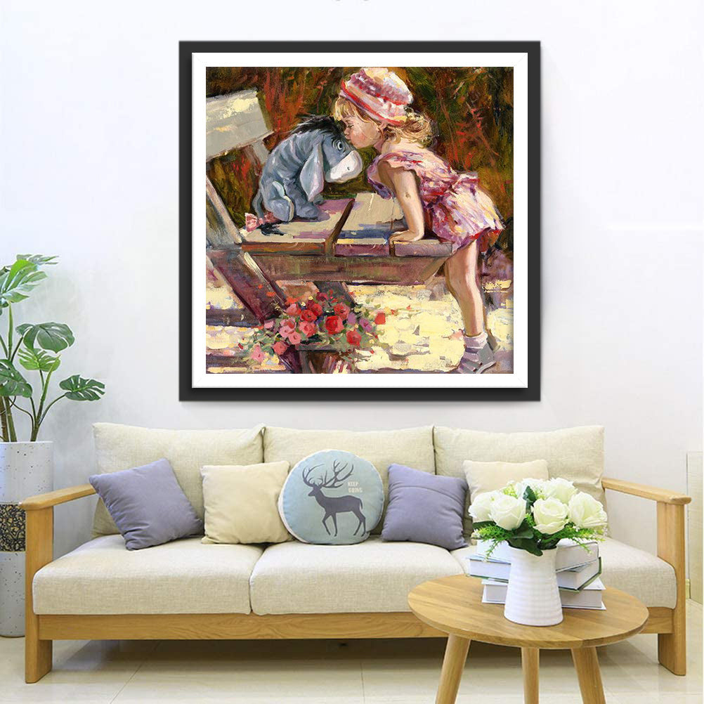 La Petite Fille Embrassant la Poupée d'Ane Broderie Diamant