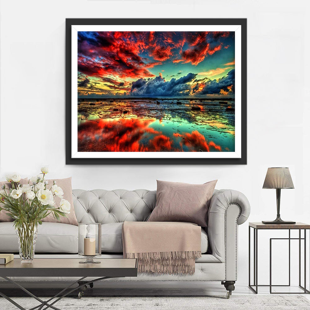 Lac et Nuages Rouges Broderie Diamant