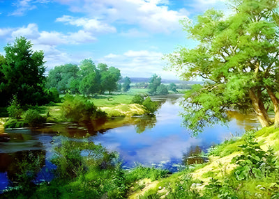 Lac et Plantes Vertes Broderie Diamant