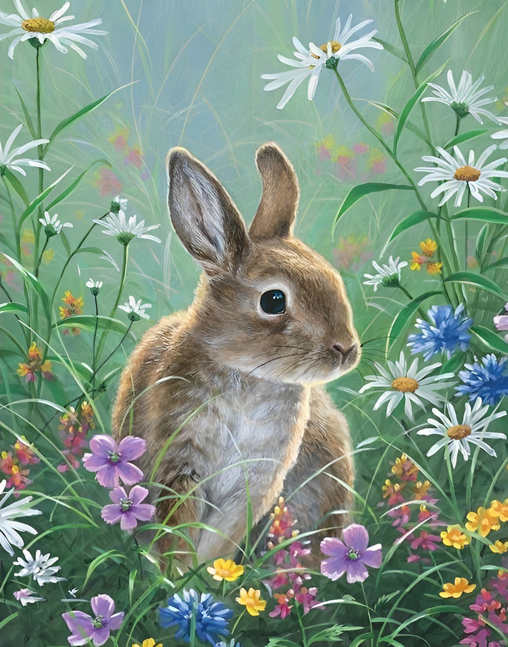 Lapin Brun et Fleurs Colorées Broderie Diamant