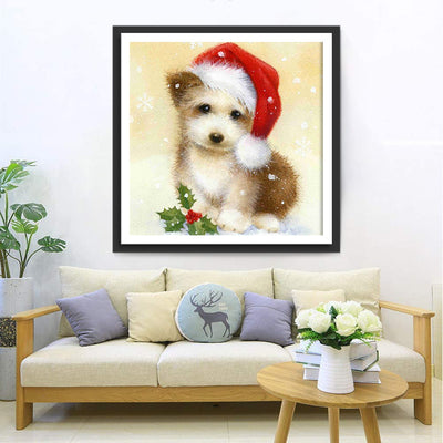 Le Mignon Chiot Portant un Bonnet de Noël Broderie Diamant