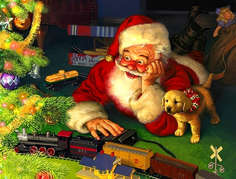 Le Père Noël Jouant avec un Petit Train Broderie Diamant
