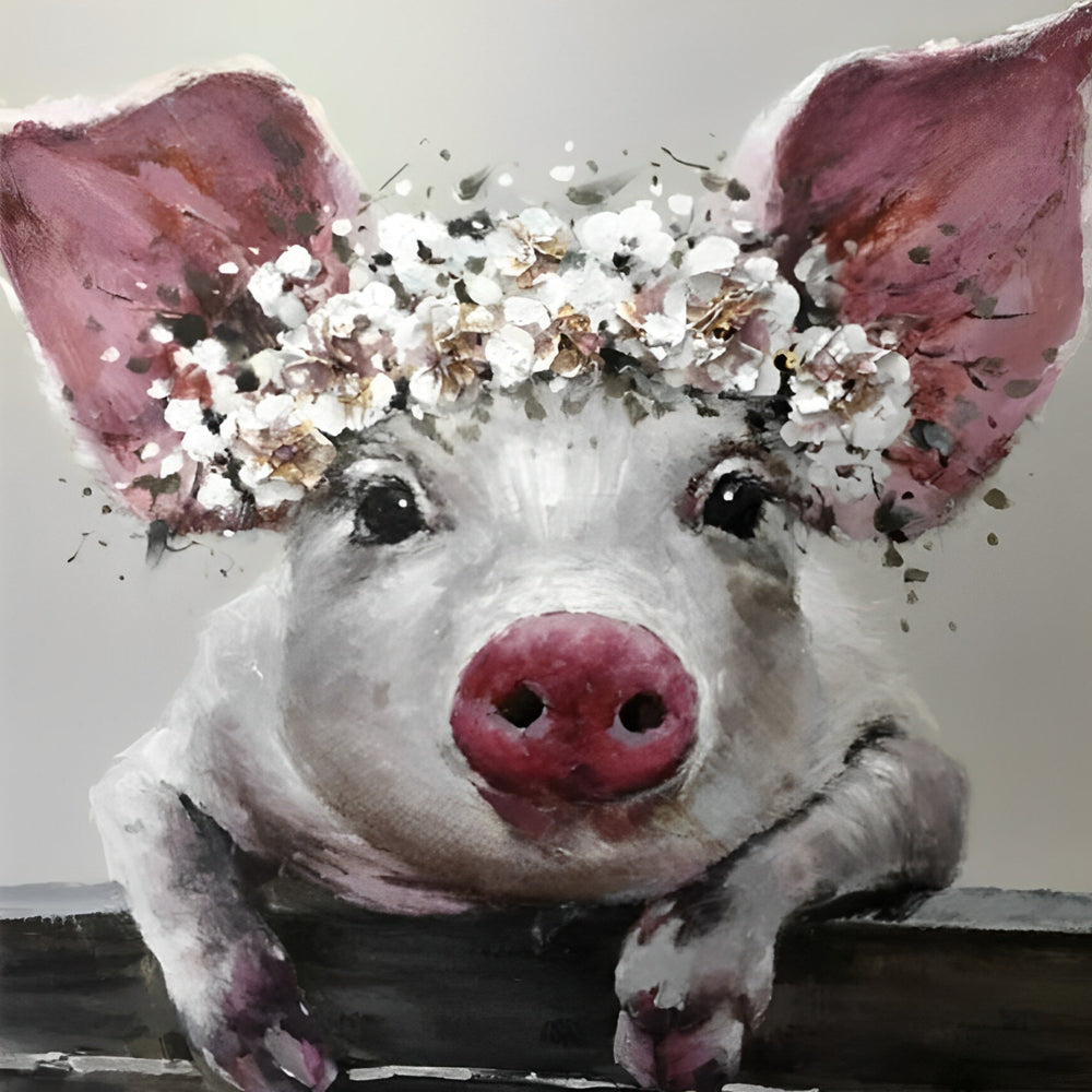 Le Petit Cochon avec Une Couronne de Fleurs Broderie Diamant