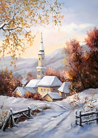 L'église et la Neige Broderie Diamant