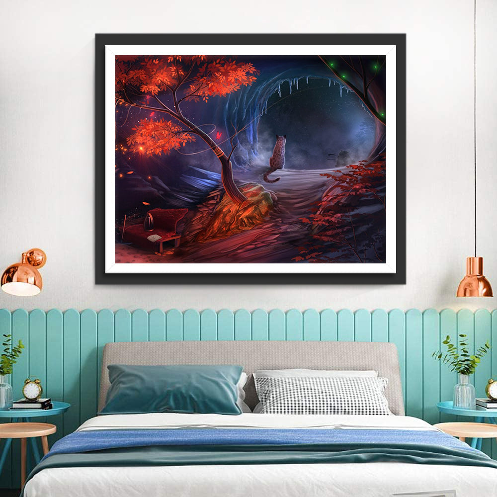 Léopard avec Arbre Rouge Broderie Diamant