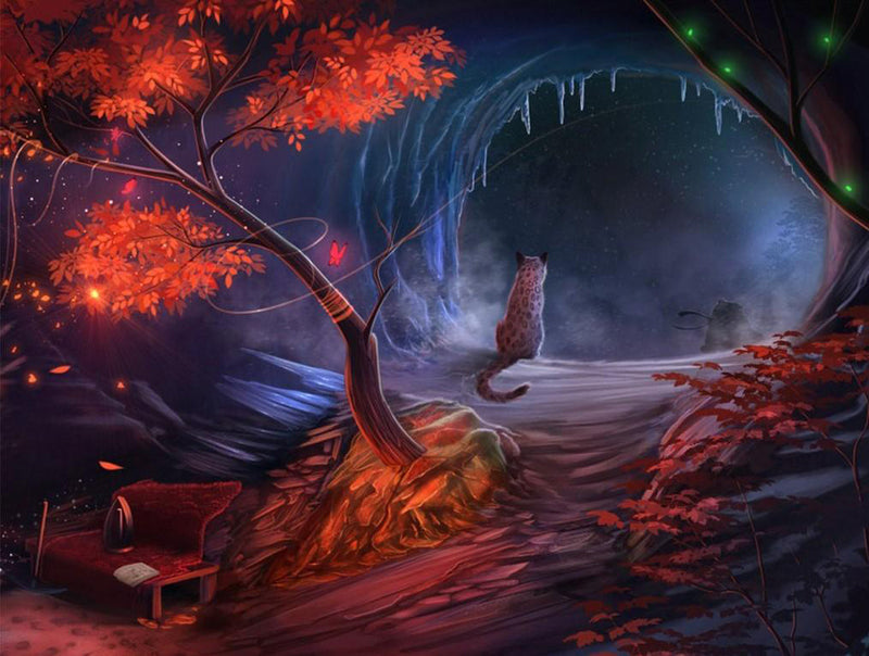 Léopard avec Arbre Rouge Broderie Diamant