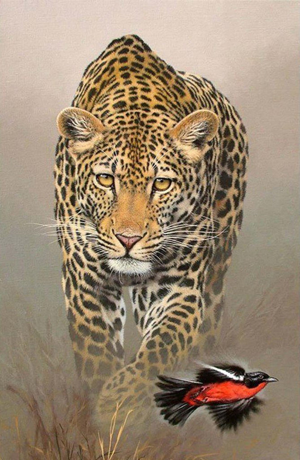 Léopard et l'Oiseau Rouge Broderie Diamant