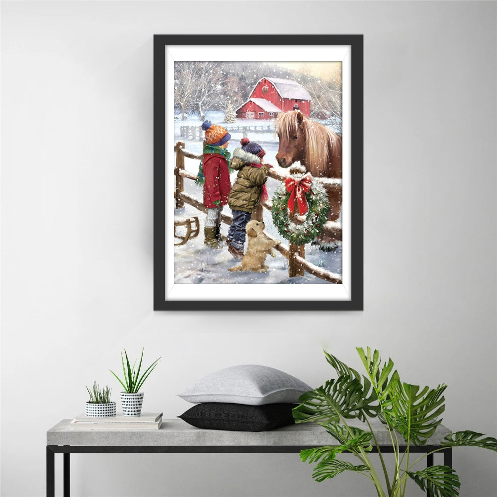 Les Enfants, le Chiot et le Poney Broderie Diamant