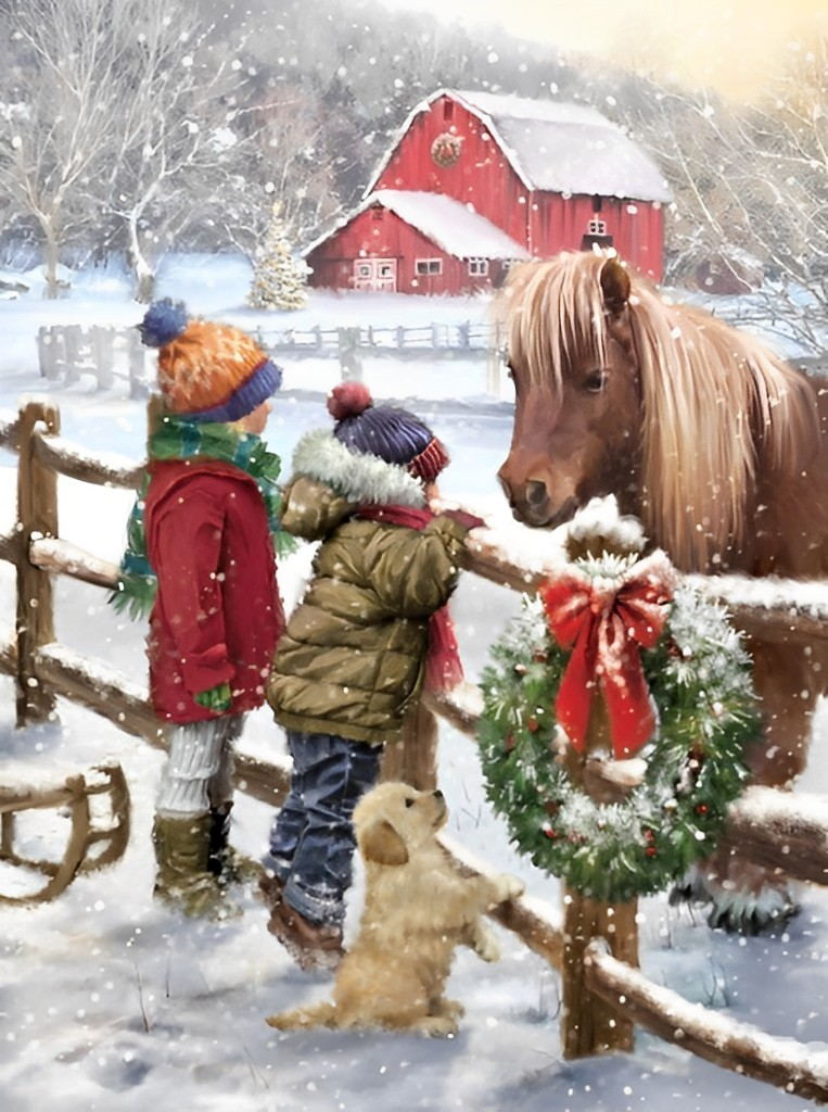 Les Enfants, le Chiot et le Poney Broderie Diamant