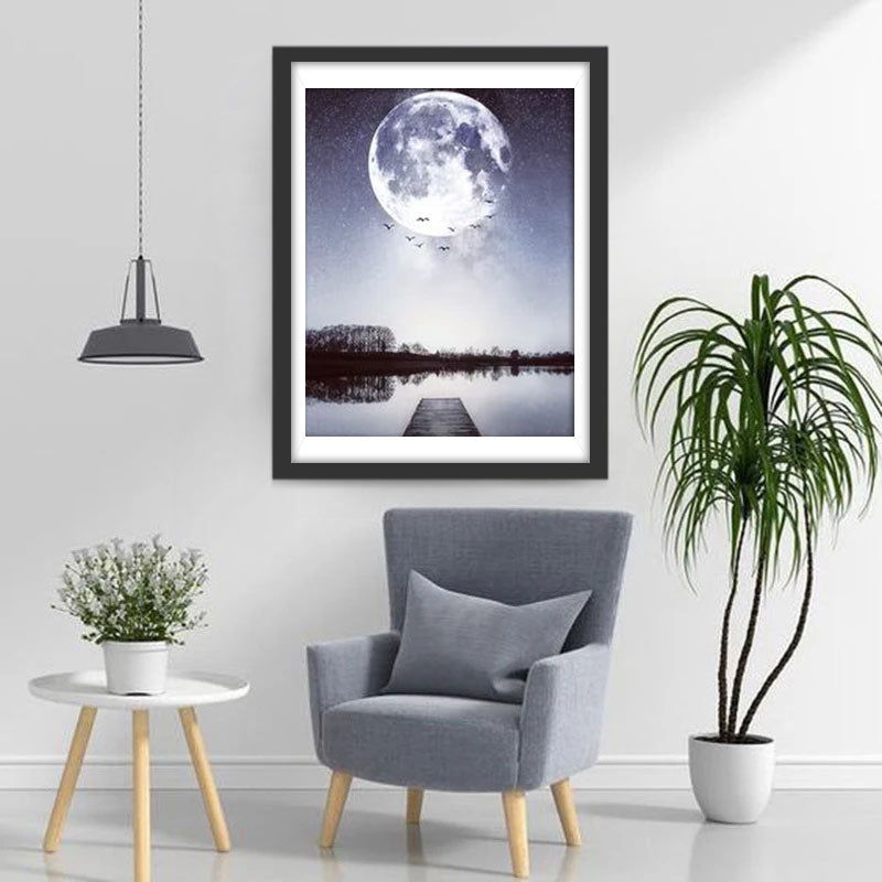 Les Oiseaux en Groupe et la Lune Broderie Diamant