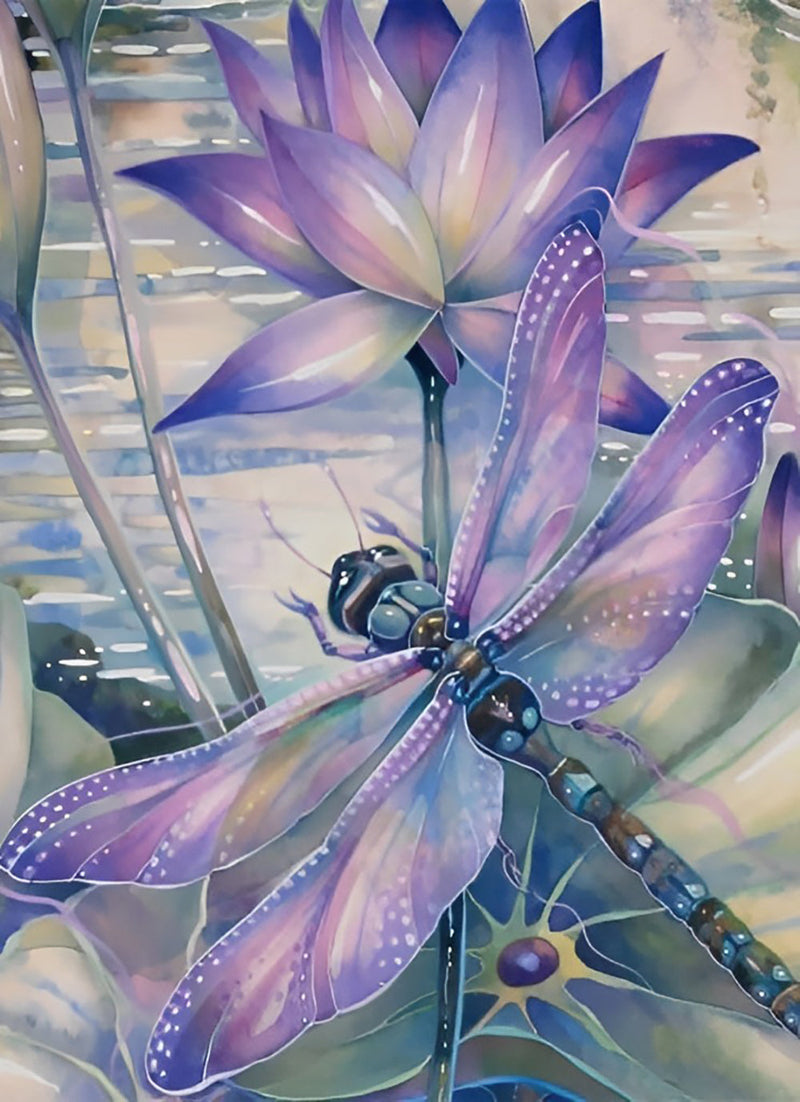 Libellule Violette et Lotus Broderie Diamant